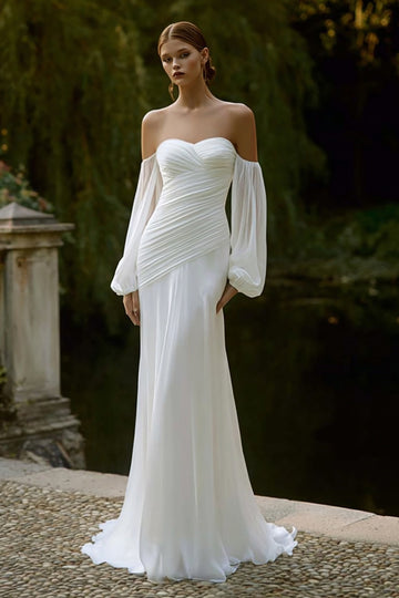 Off The Shoulder Ruched Mermaid Ivory Wedding Dress